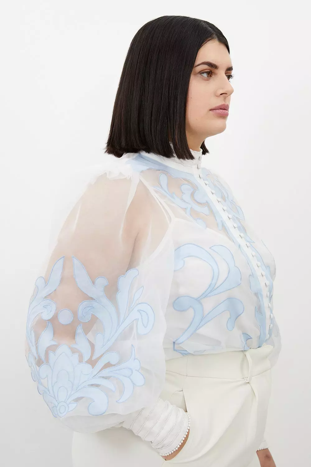 Plus Size Organdie Applique Buttoned Woven Blouse | Karen Millen
